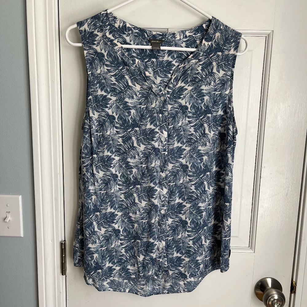 Eddie Bauer blue palm leaf sleeveless top.  Size L
